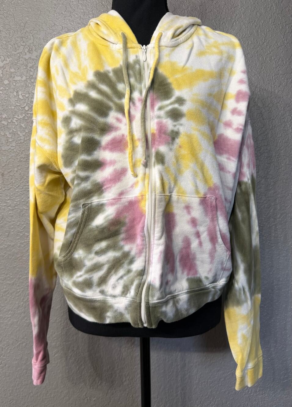 Old Navy Womens Sz L Purple Yellow Tie Dye Hoodie Hooded Sweatshirt Cotton Blend